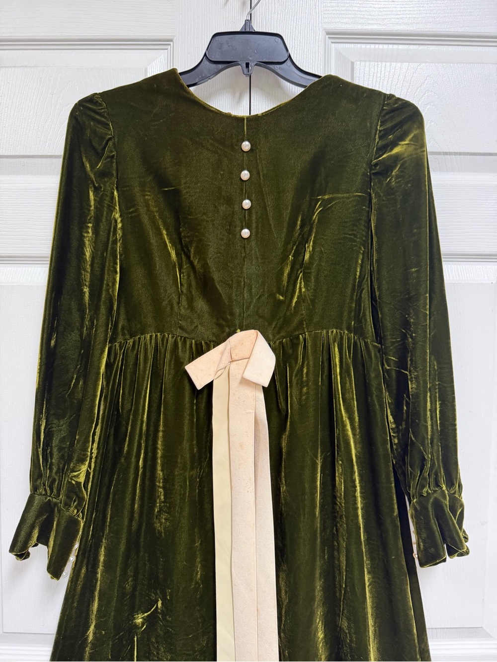 Olive Green Velvet Long Sleeve Maxi Dress with Cream Bow Vintage Size M - Picture 12 of 15